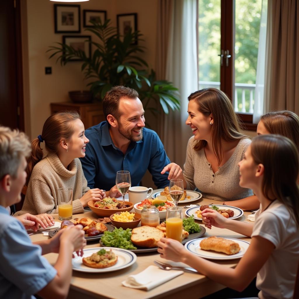 A Spanish family laughs with a traveler during a meal