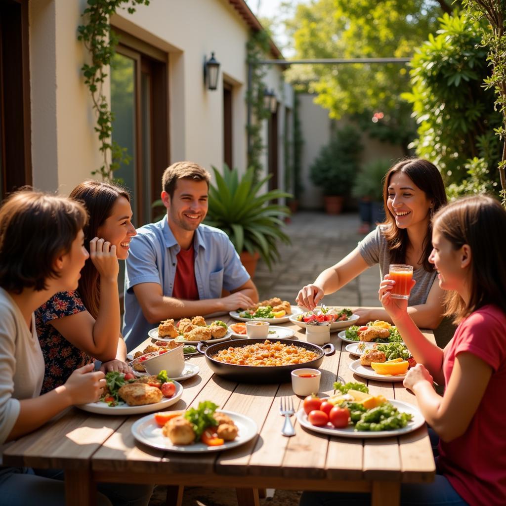 A Spanish family enjoying paella on a sunny patio