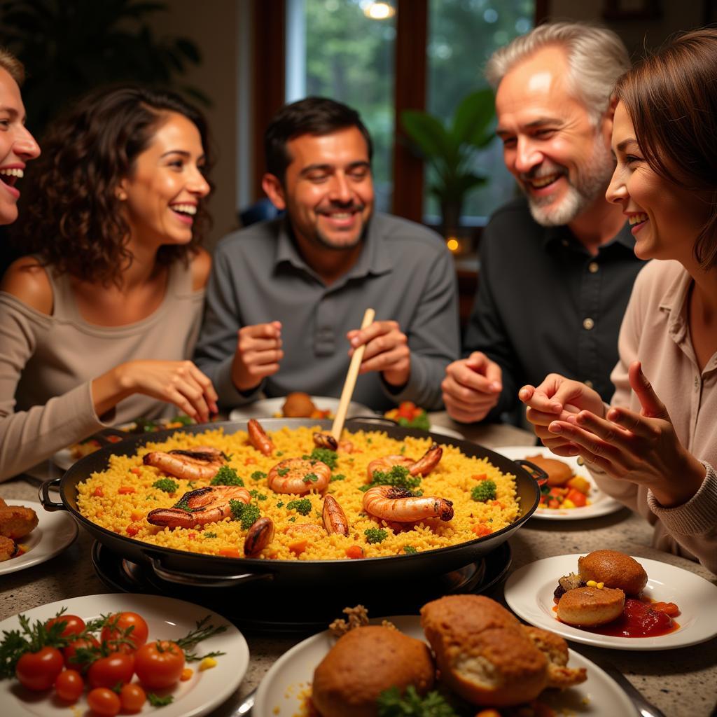 A Spanish family gathers around a table laden with paella, laughing and sharing stories.