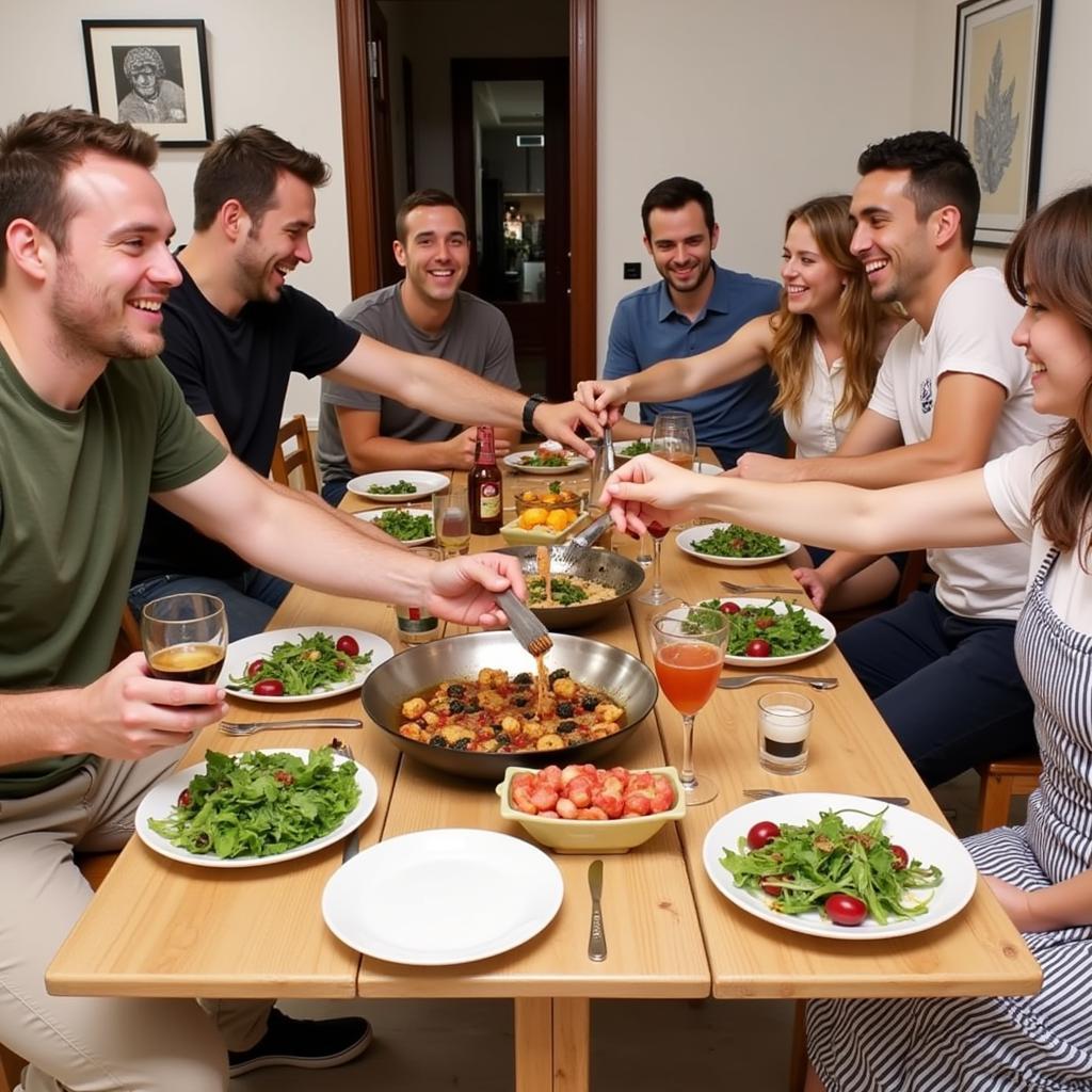 A Spanish family sharing a paella dinner