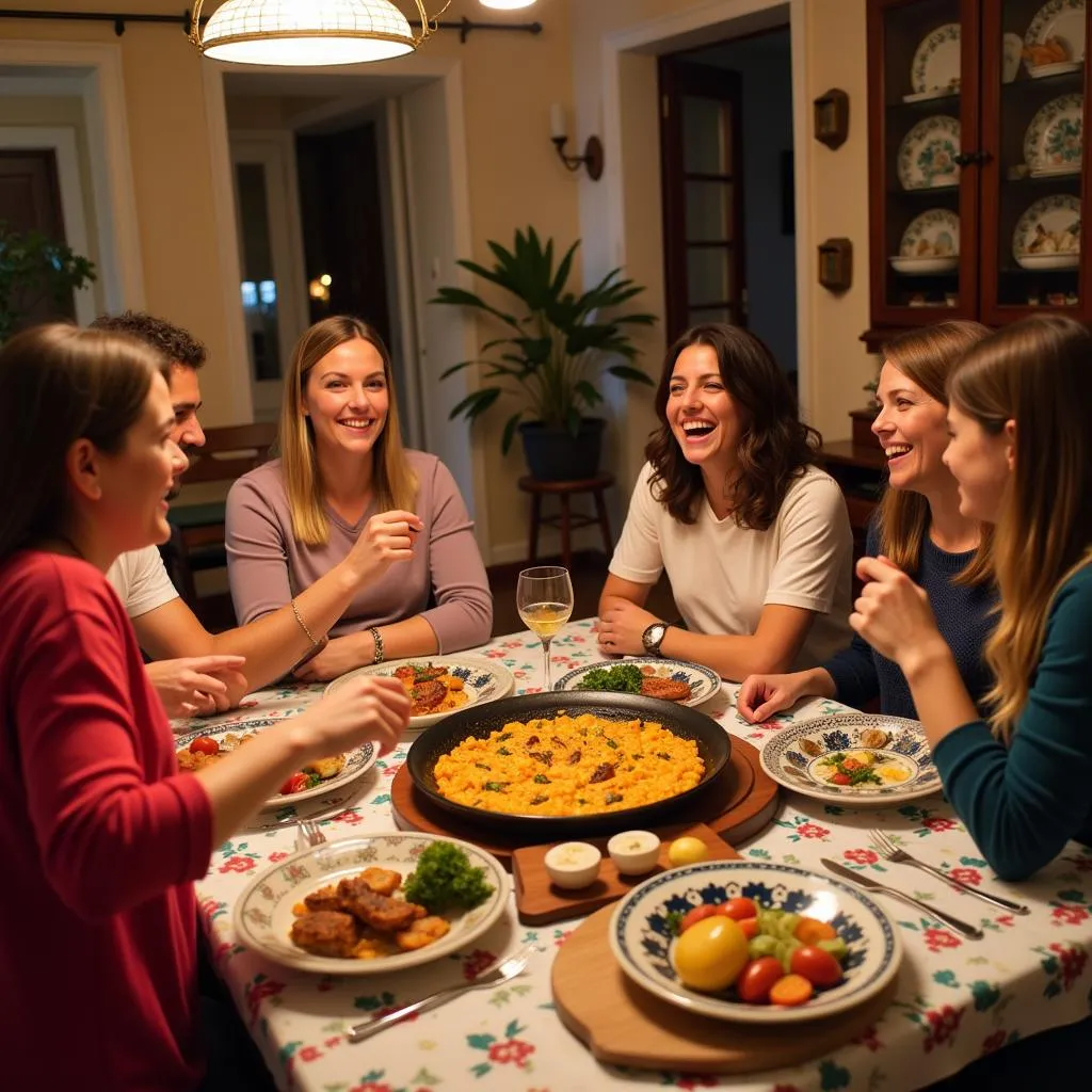 Sharing a traditional paella dinner with a Spanish host family