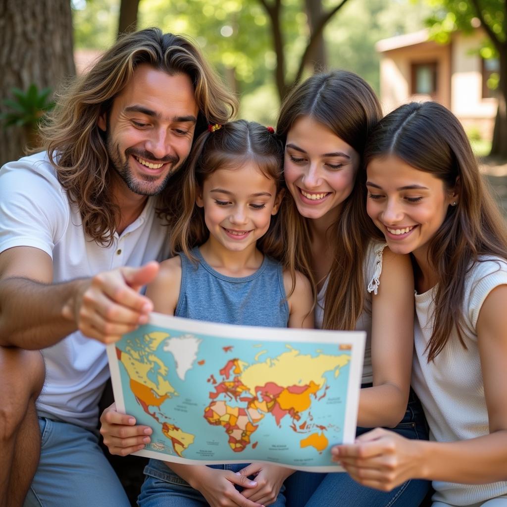 Family pointing at a map with their guest