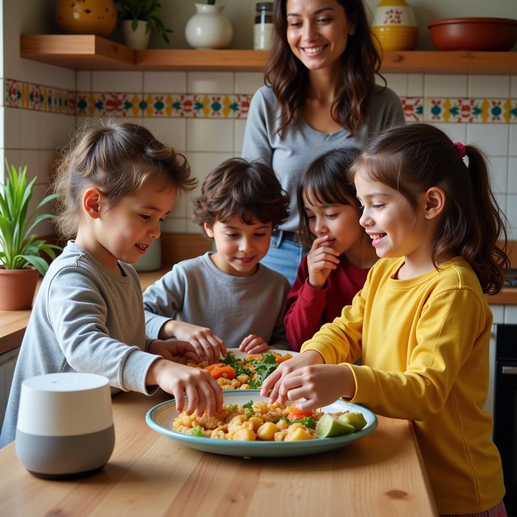  A Spanish family using Google Home in their kitchen