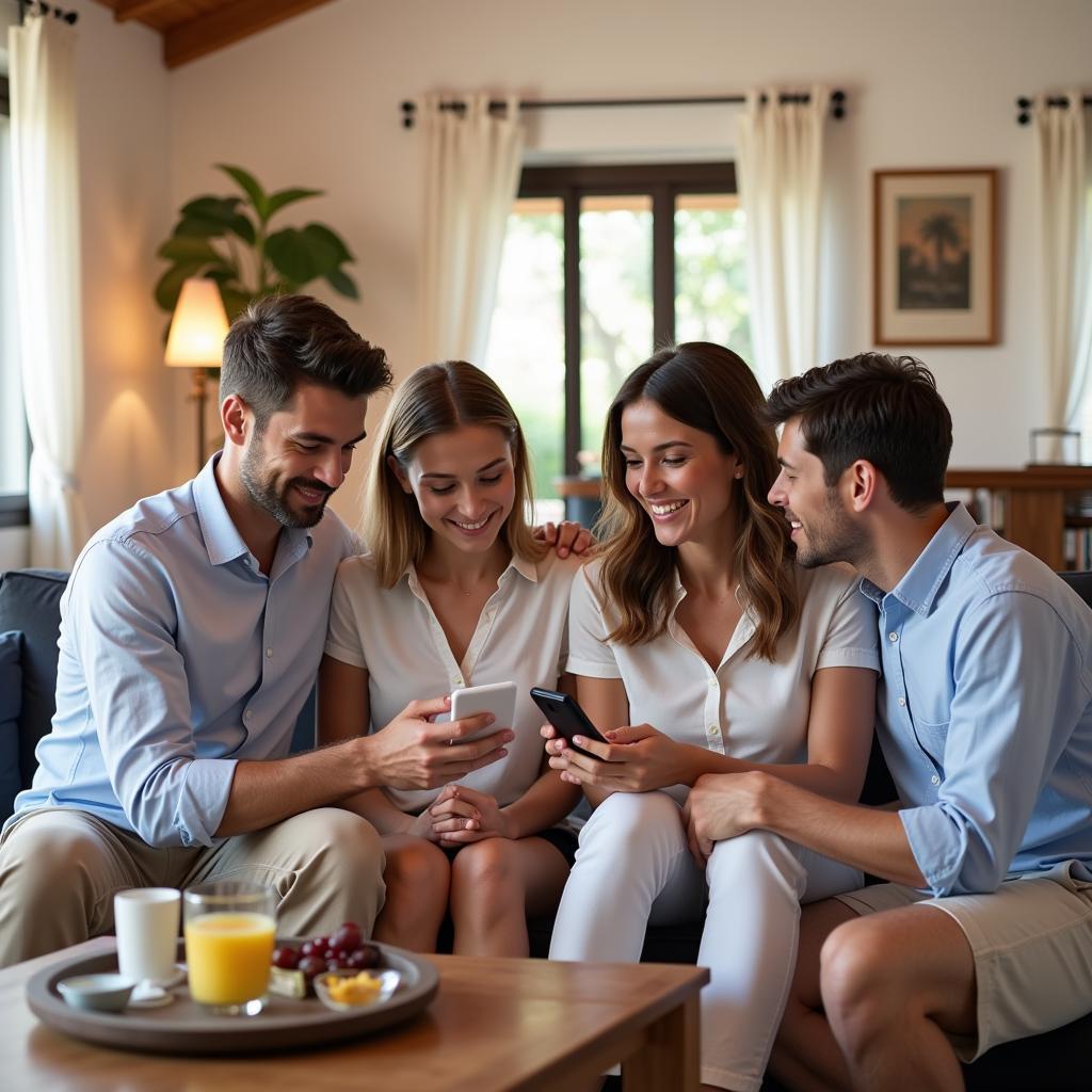 A family using a home assistant device in their Spanish villa