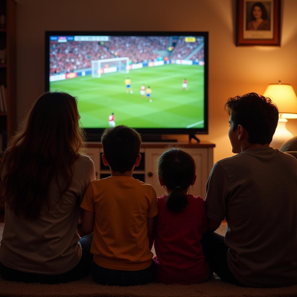 Family watching a football match in their Spanish home