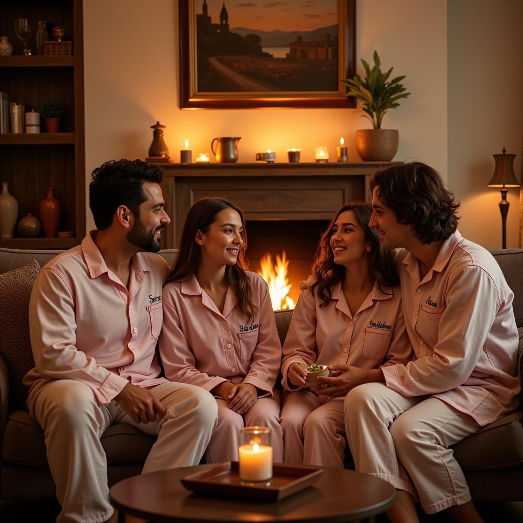 Spanish family wearing matching pajamas