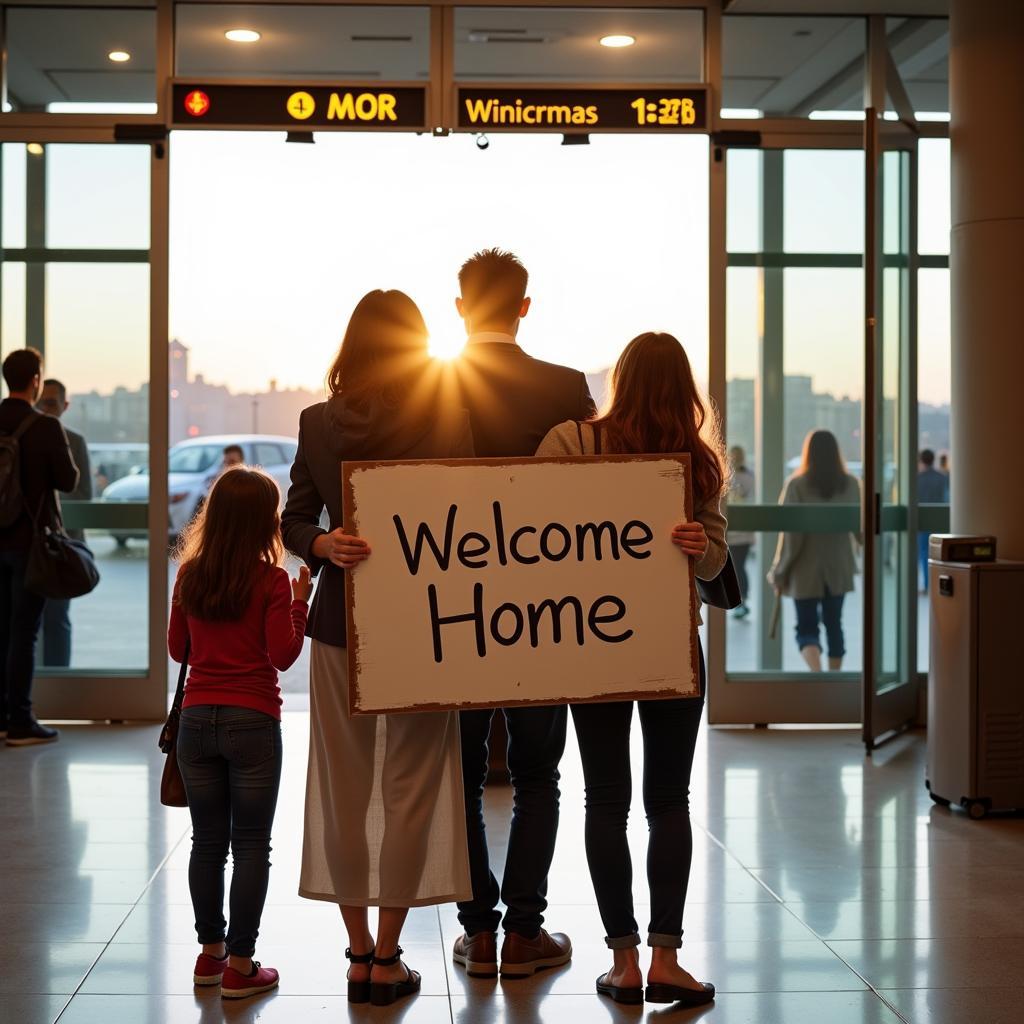 Smiling Spanish family holding a welcome sign at the airport