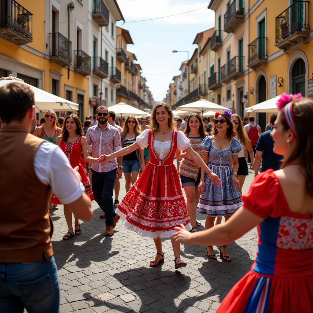 Locals celebrating at a lively street party during a Spanish festival