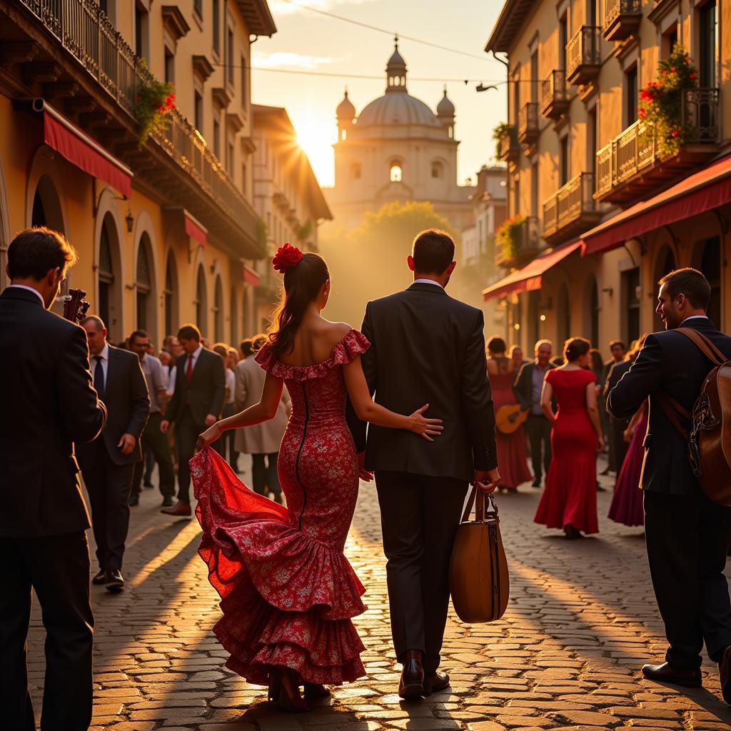 Locals and tourists celebrating at a vibrant Spanish fiesta