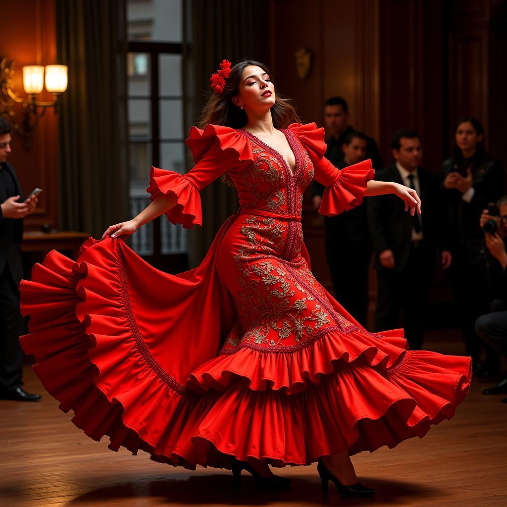 Spanish flamenco dancer in traditional, elaborate costume