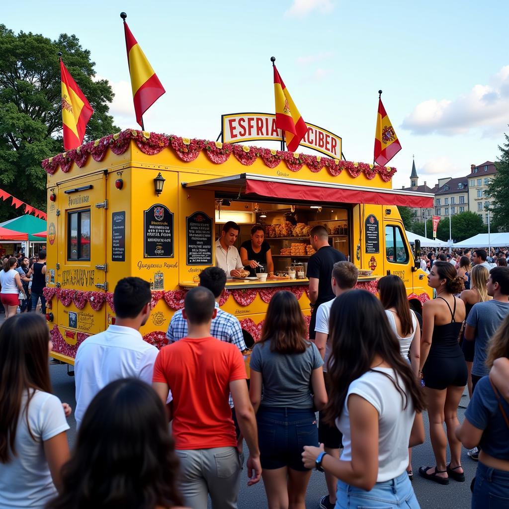 A vibrant Spanish food truck serving paella at a bustling festival