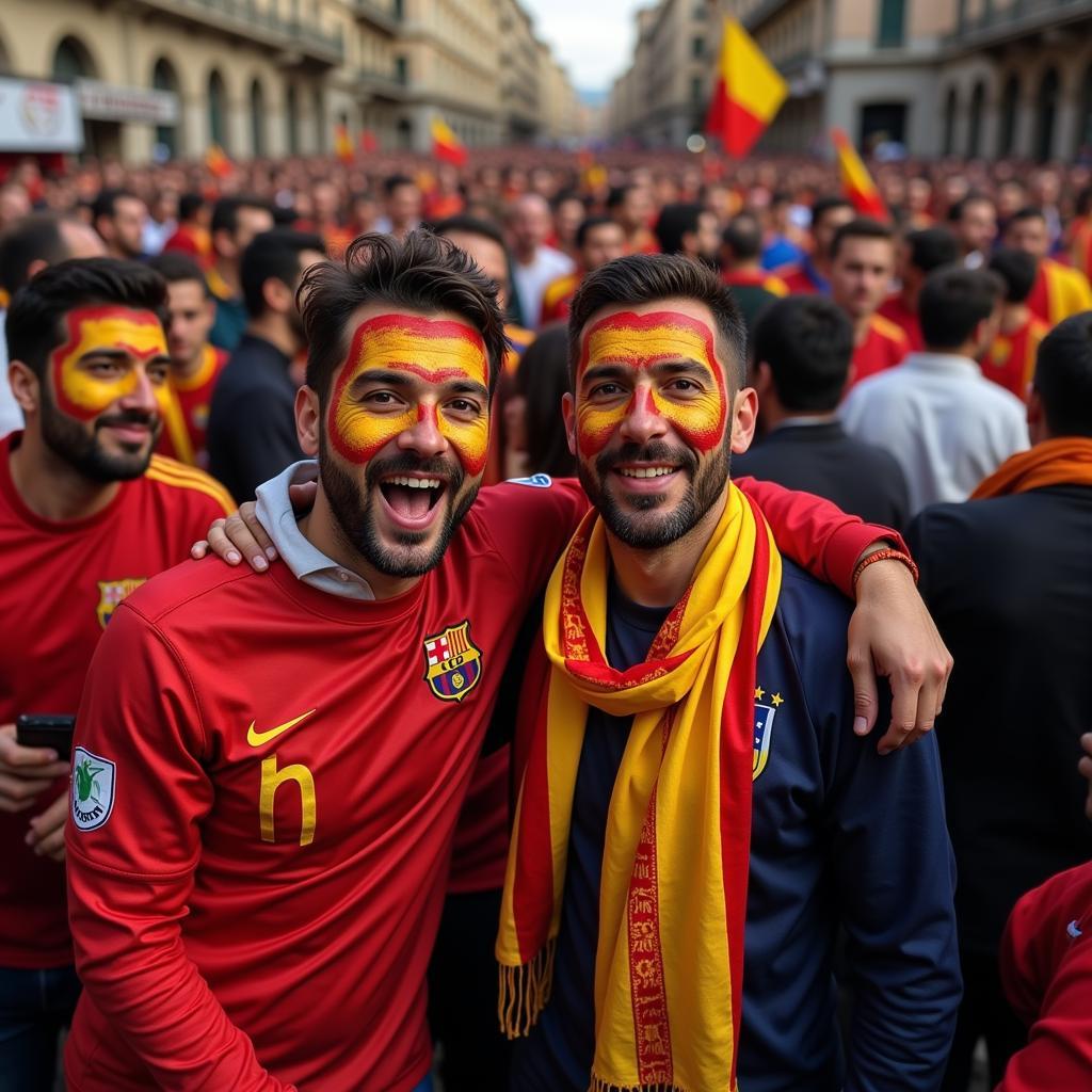 Spanish football fans celebrating with joy and camaraderie