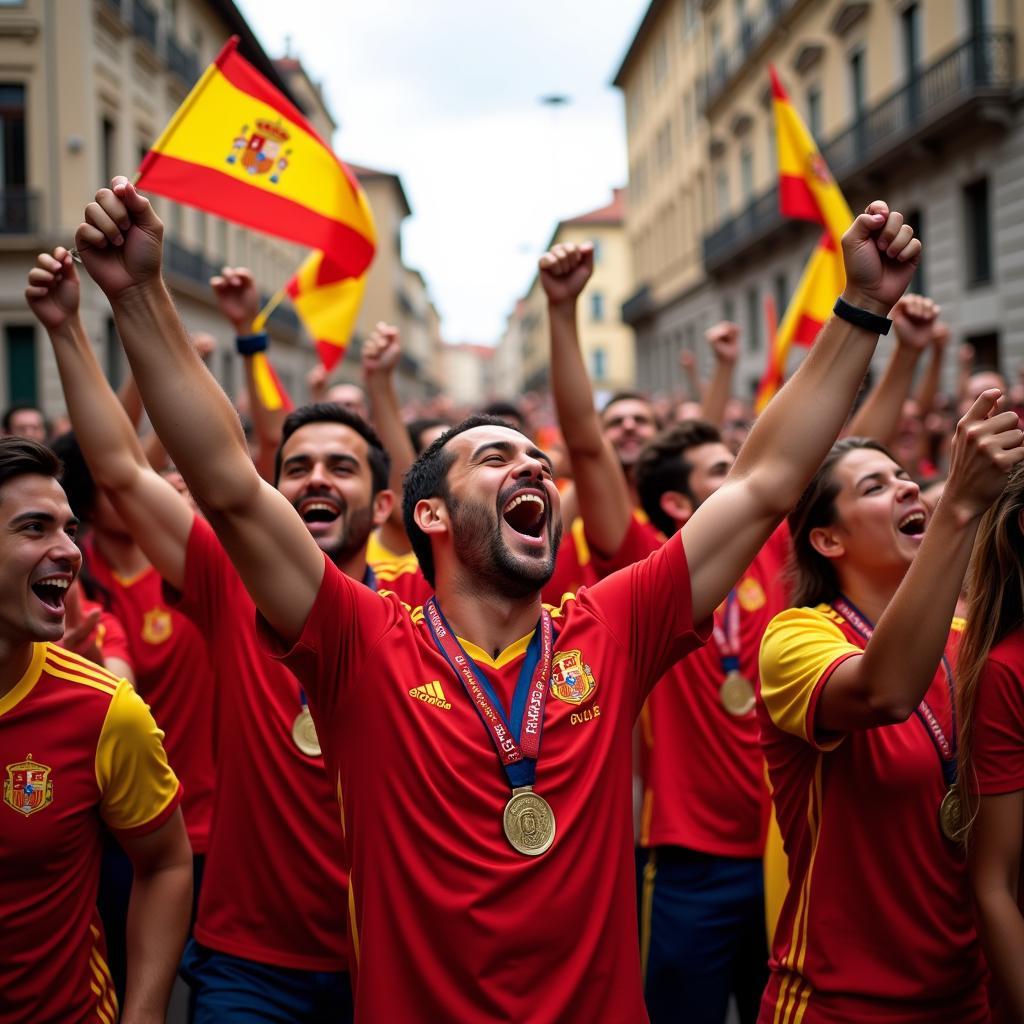 Spanish football fans celebrating in the streets