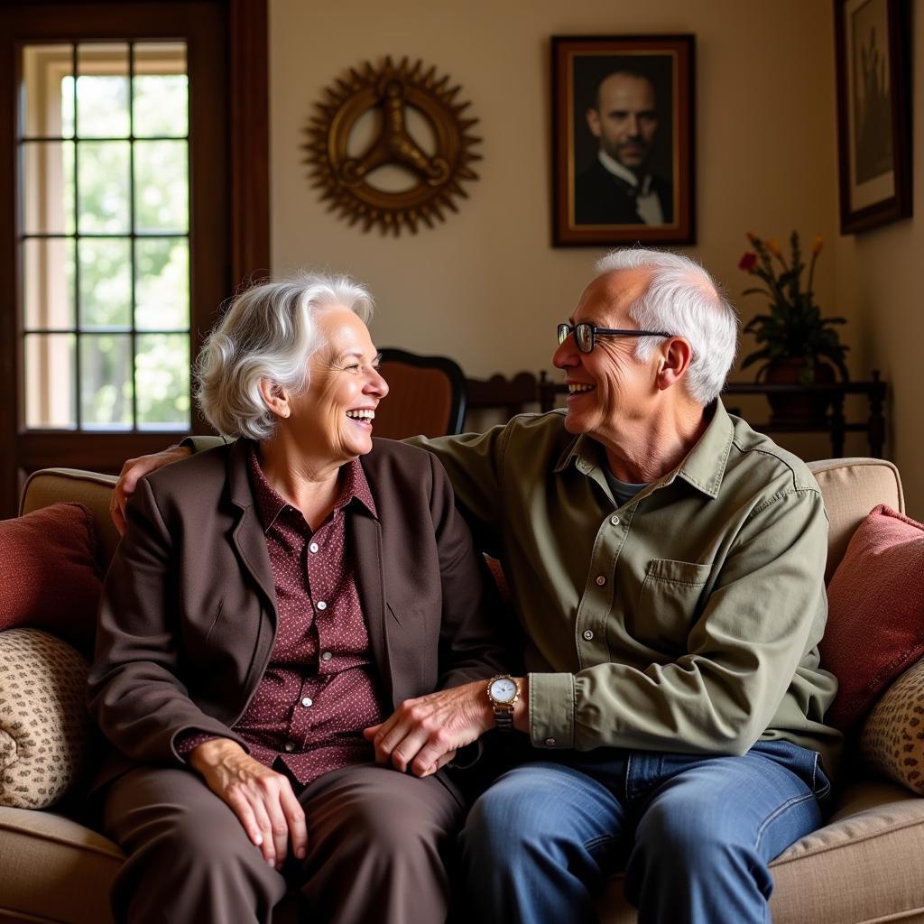 A Spanish grandca and a guest share a laugh in their living room