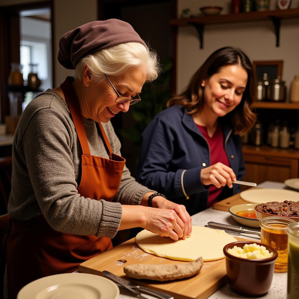 Spanish grandmother teaching guest to make tortilla