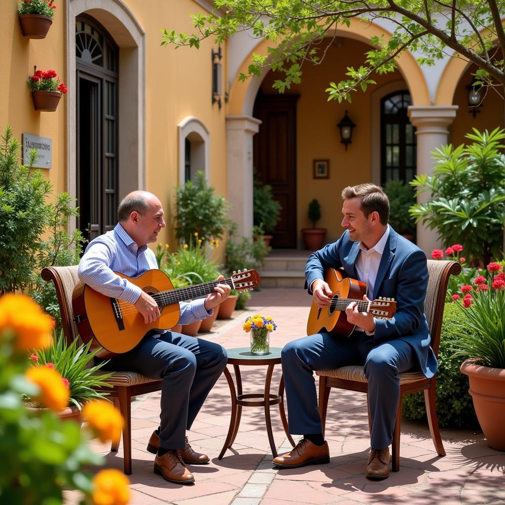 Learning to play Spanish guitar in a beautiful courtyard