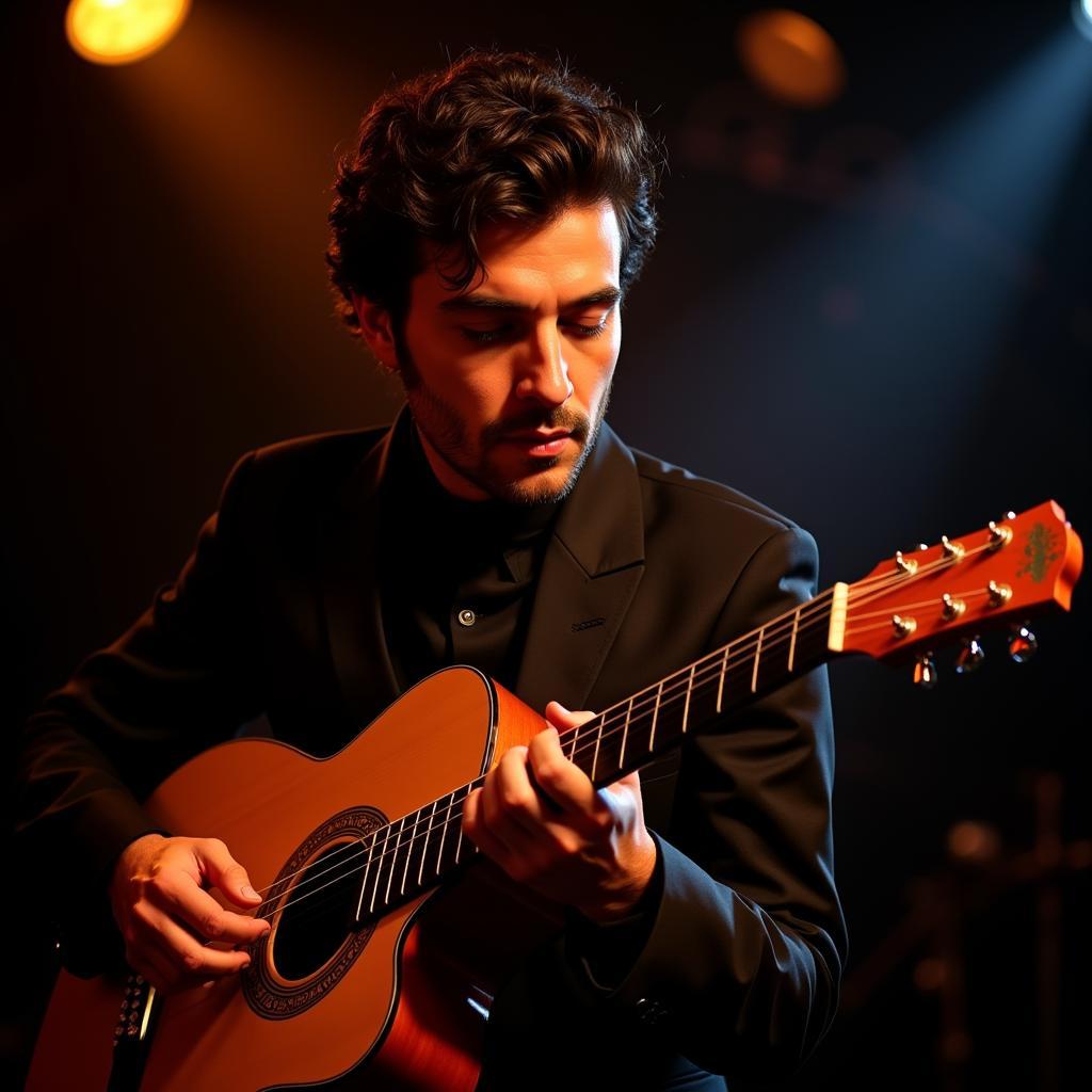 Flamenco guitarist performing on stage