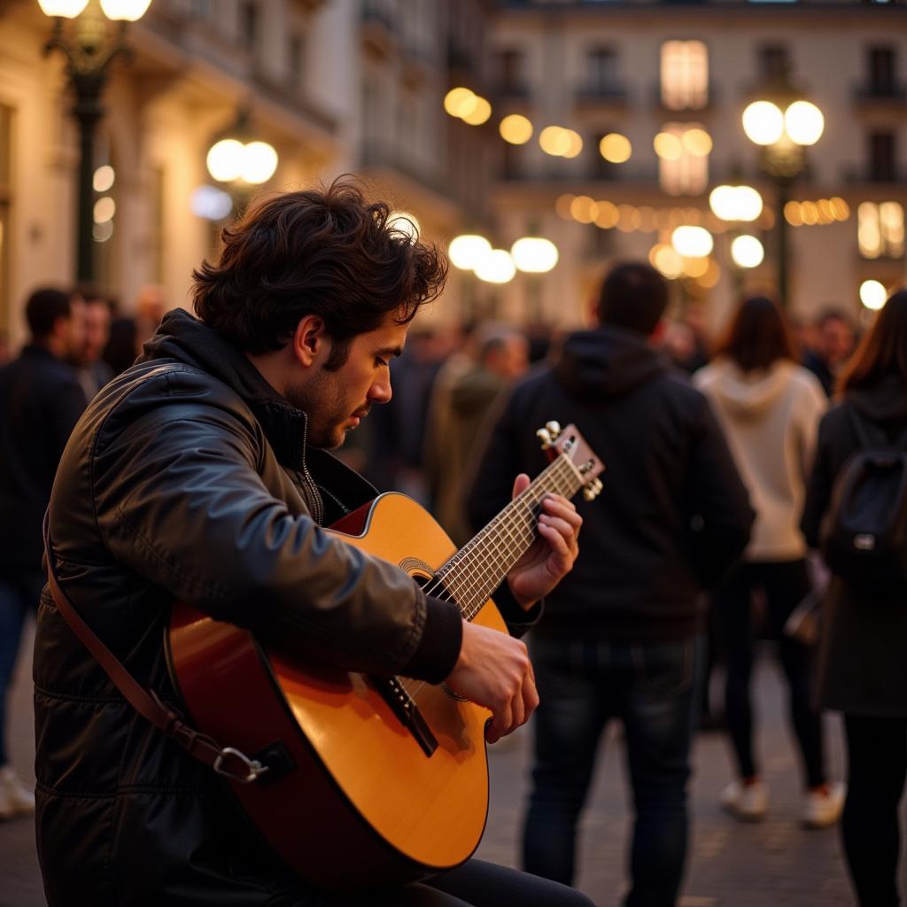 Spanish guitarist serenading tourists in Plaza Mayor, Madrid