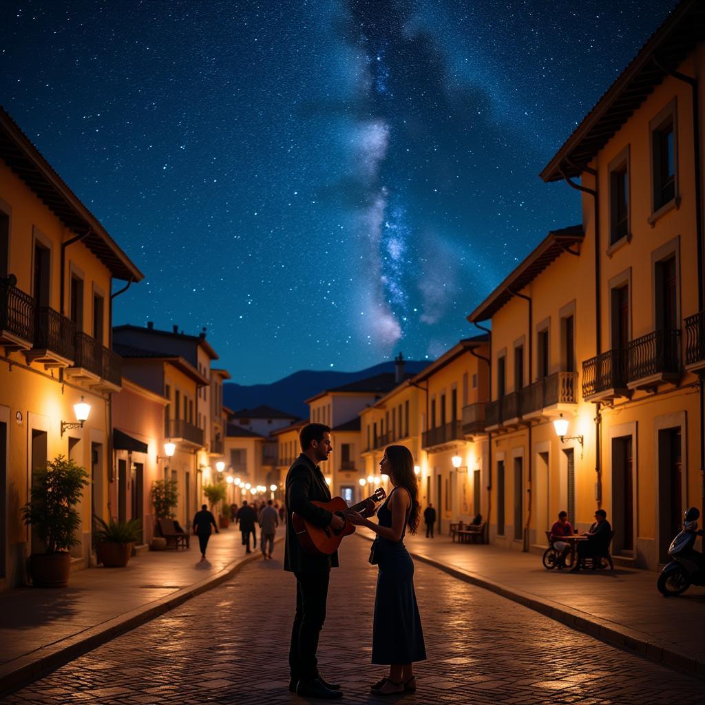 A Spanish guitarist serenading a couple in a moonlit plaza