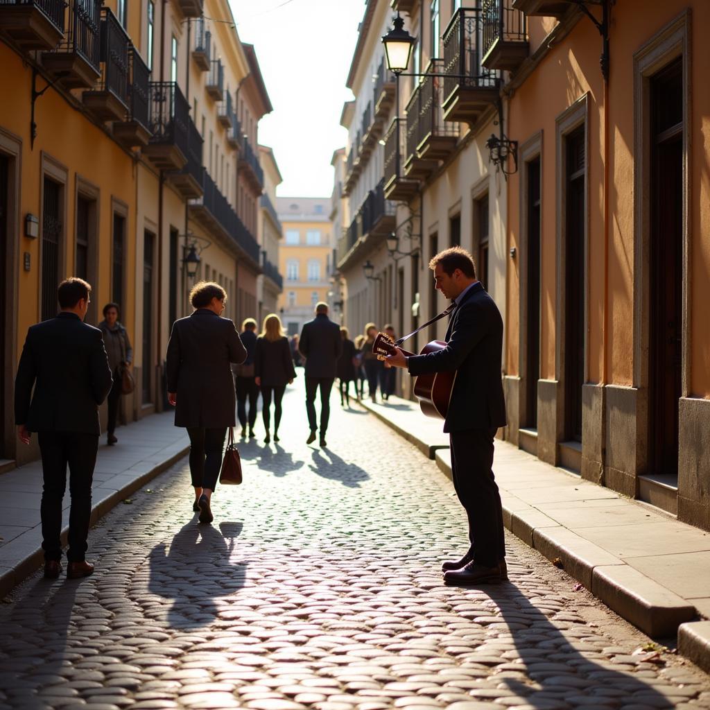 A Spanish guitarist performs on a cobblestone street