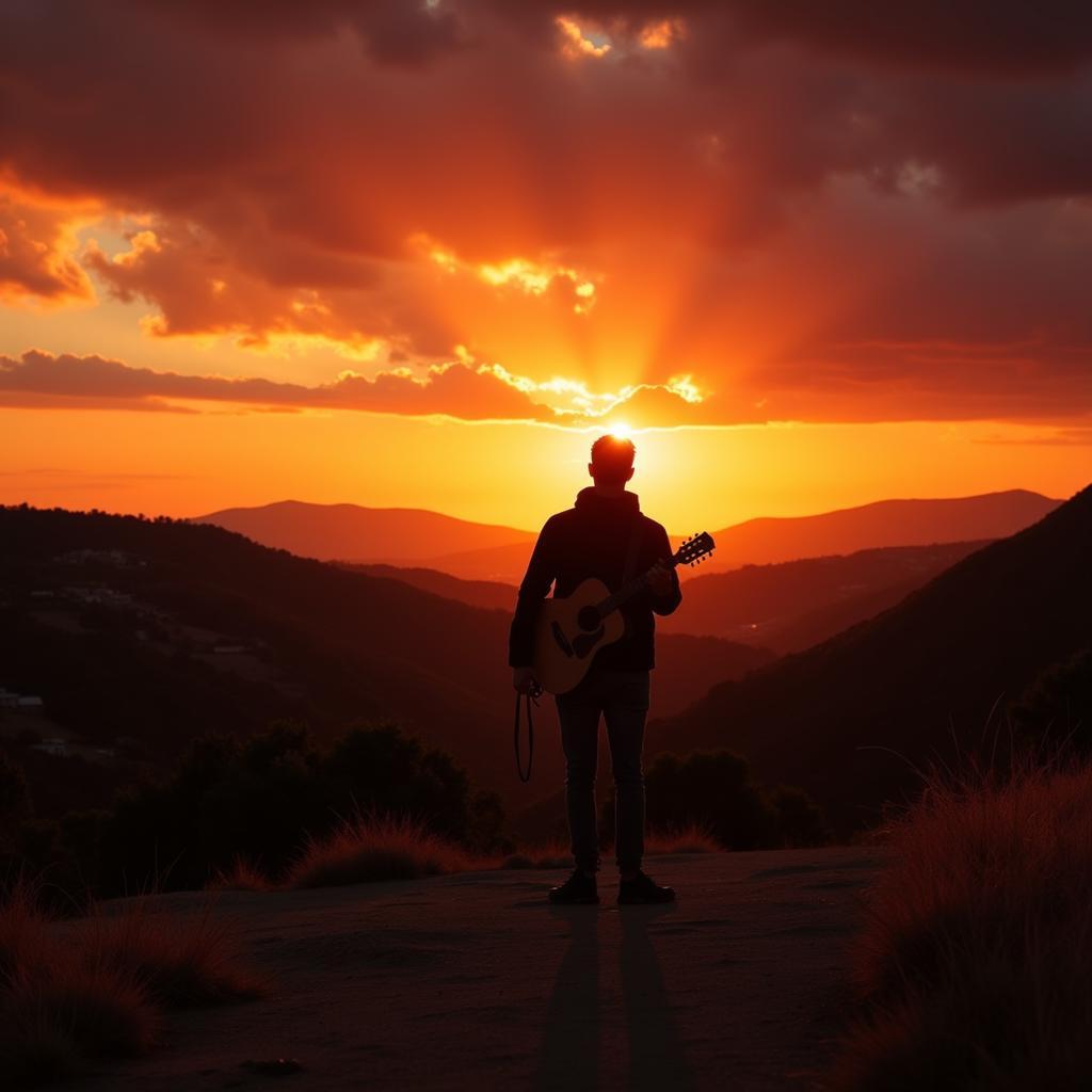 Silhouetted against a vibrant sunset, a lone guitarist plays a soulful melody