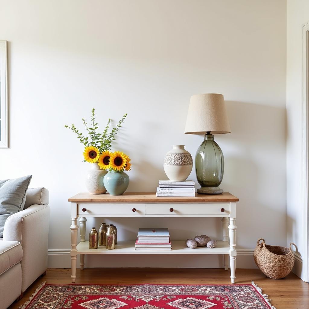 A sunlit Spanish living room featuring a consola kenay