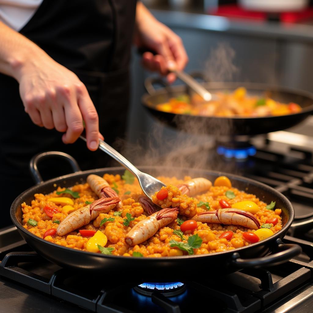 A Spanish home cook stirs a colorful paella