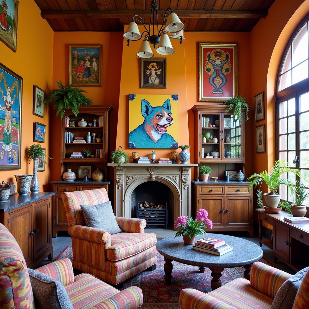 An assortment of colorful Spanish ceramics and decorative items displayed on a shelf