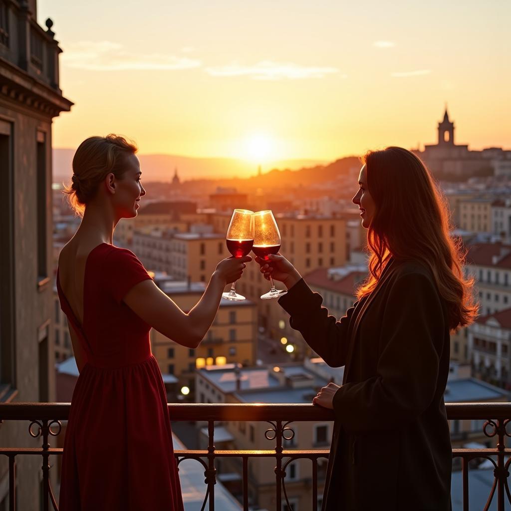 Couple enjoying a glass of wine on a balcony overlooking a Spanish city