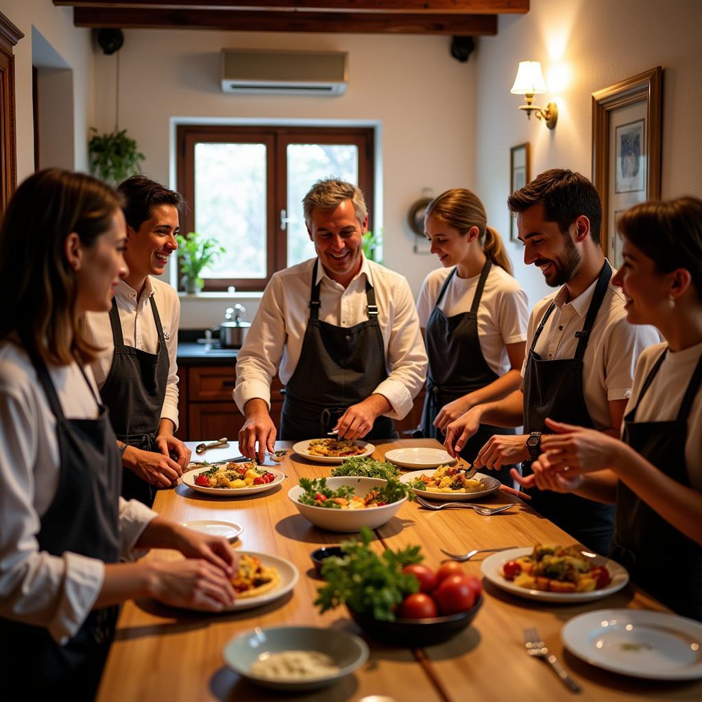 A group of travelers enjoy a hands-on Spanish home food cooking class.