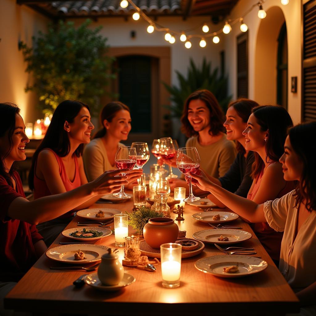 A group of friends enjoy a delightful Spanish home food dining experience.