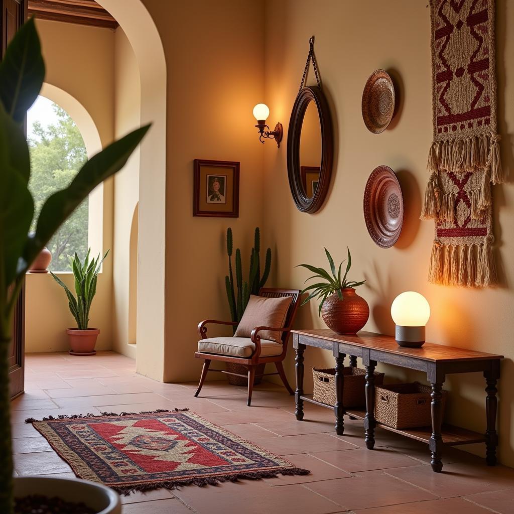 A cozy living room in a Spanish home featuring traditional decor, soft lighting from smart bulbs, and a Google Home device on the coffee table.