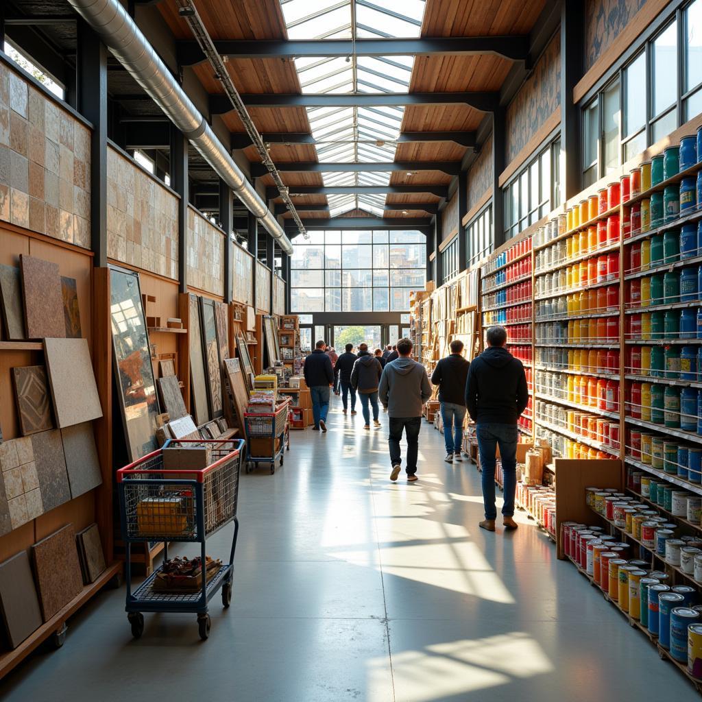 A bustling Spanish home improvement store with vibrant displays of tiles and paint