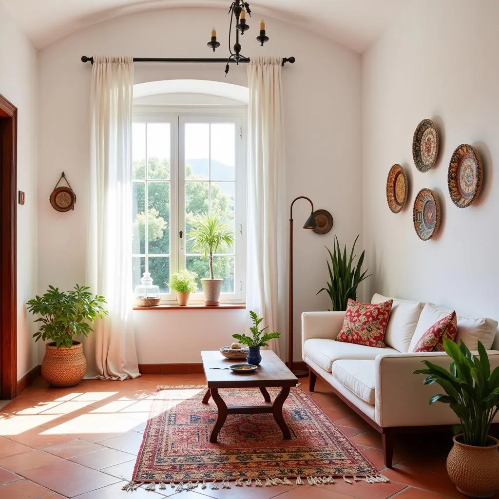 A sun-drenched living room with whitewashed walls, terracotta tile floors, and vibrant textiles