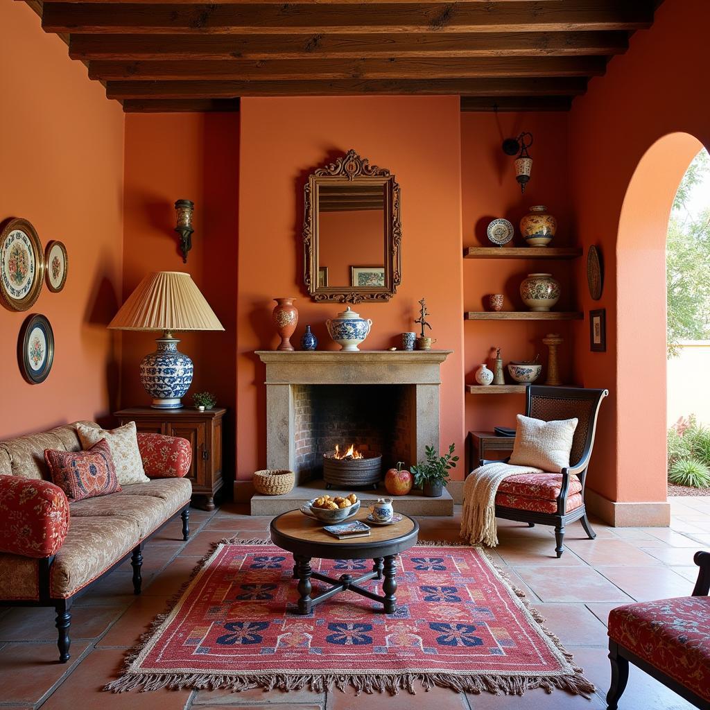 A cozy living room with Spanish home decor