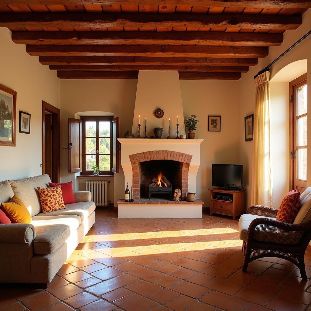 Rustic Spanish home interior featuring natural materials like terracotta floors and wooden beams