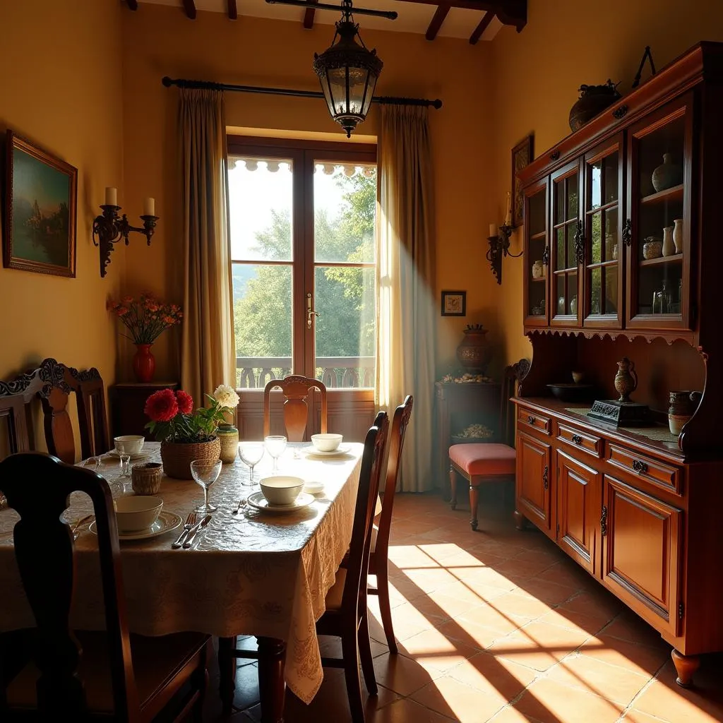 A cozy Spanish home interior featuring a dining table decorated with a stylish plastic tablecloth.