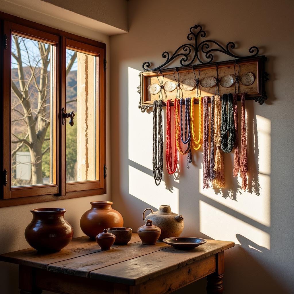 A Spanish home interior featuring a prominent necklace holder