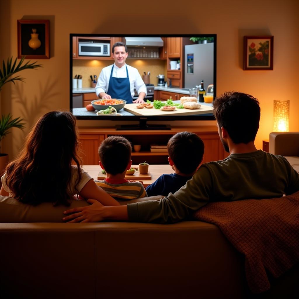 Family enjoying Spanish program on their TV