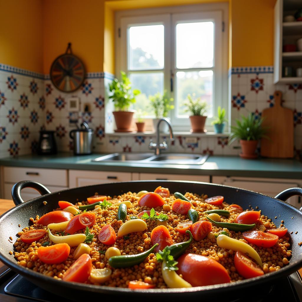 A vibrant Spanish kitchen with a steaming paella pan on the stovetop