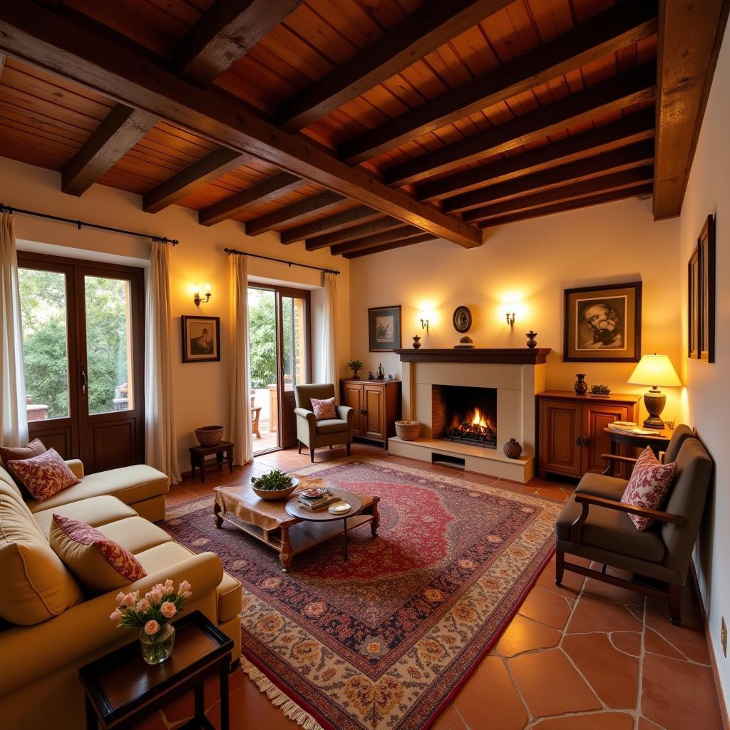 Cozy living room in a Spanish home illuminated by warm luces led