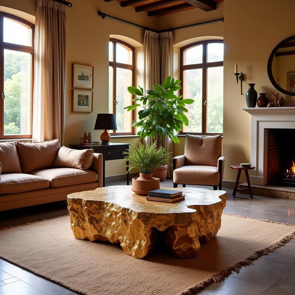 A beautifully decorated Spanish living room featuring a Mesa Dorada Zara Home coffee table