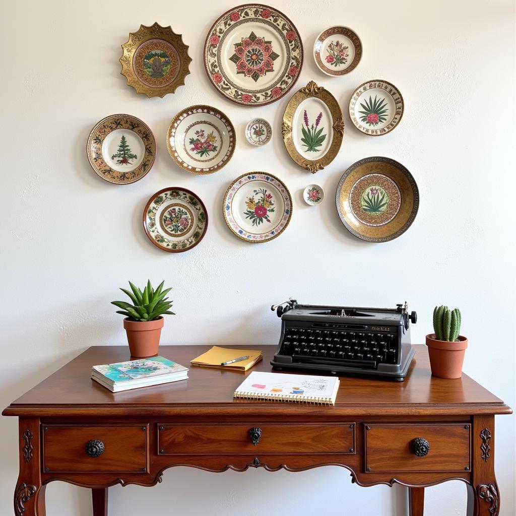 A Spanish-style home office desk with colorful accents