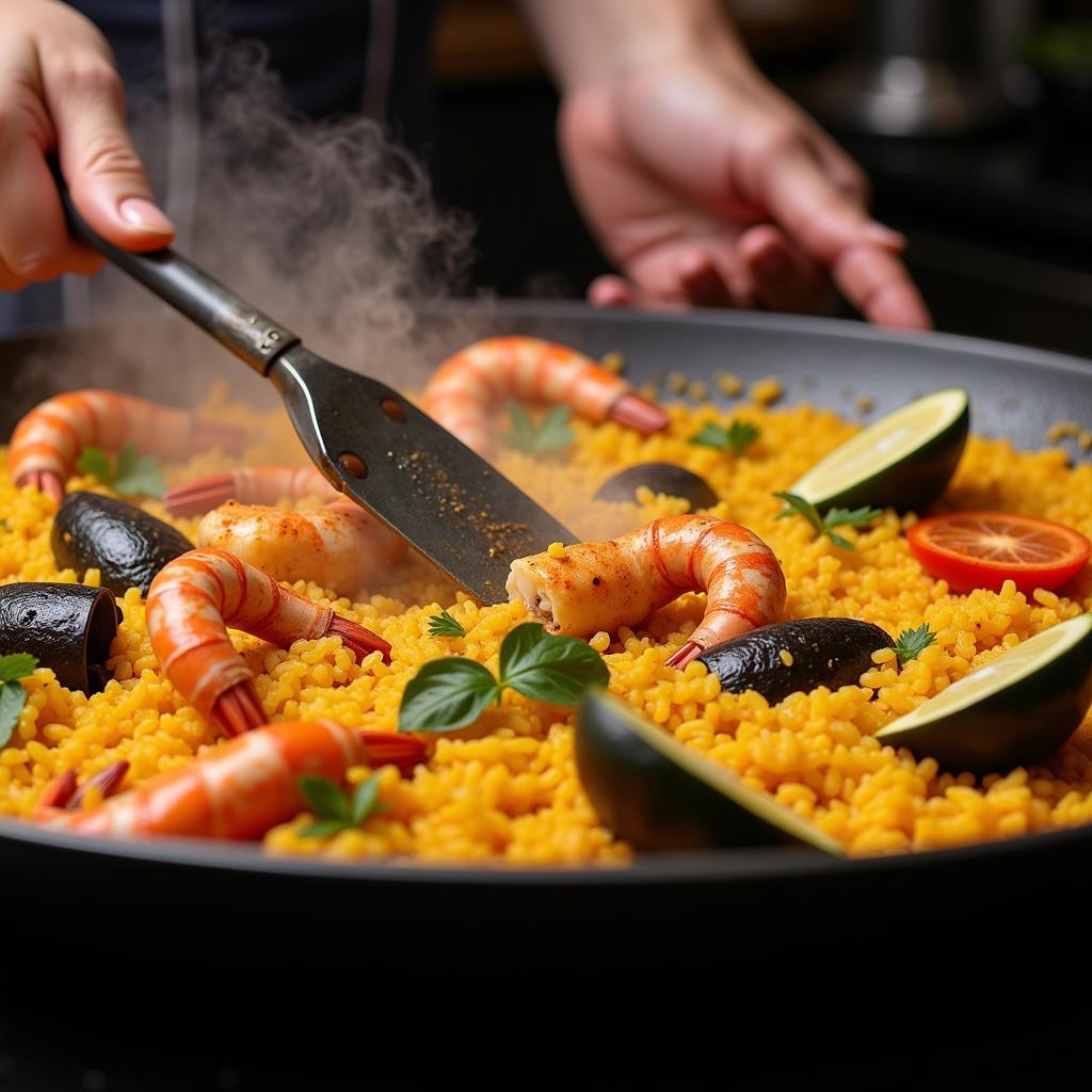 A Spanish home chef expertly prepares paella