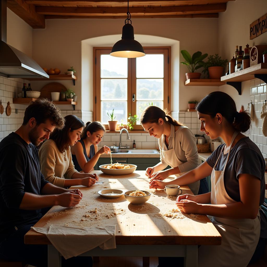 A group of people learning to make traditional Spanish home sweets in a cooking class