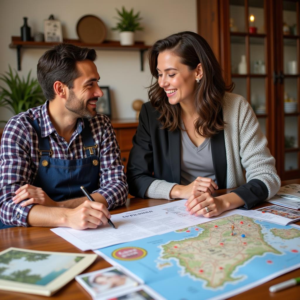 Couple planning their Spanish adventure with a home tailor