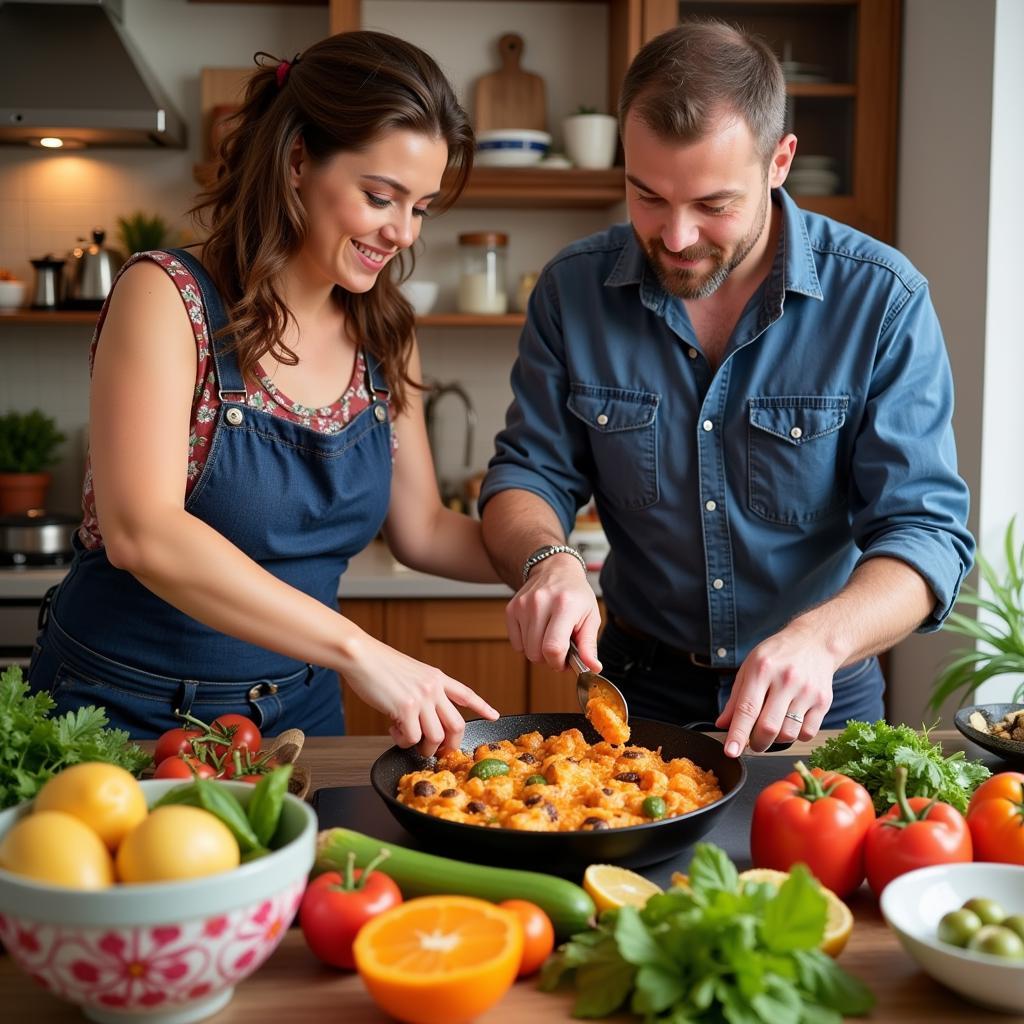 Learning to cook paella in a Spanish homestay