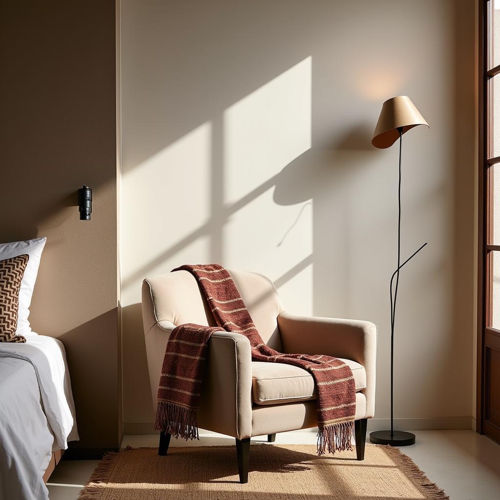 A cozy corner in a Spanish homestay, tastefully decorated with a comfortable armchair, a woven rug, and a statement lamp, all sourced from Kave Home.