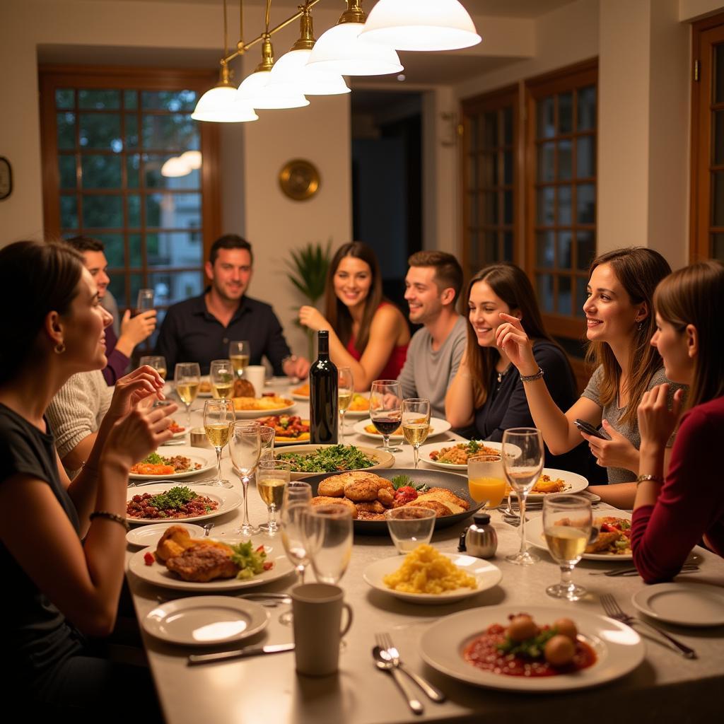 Guests enjoying a meal with their local host in a Spanish home