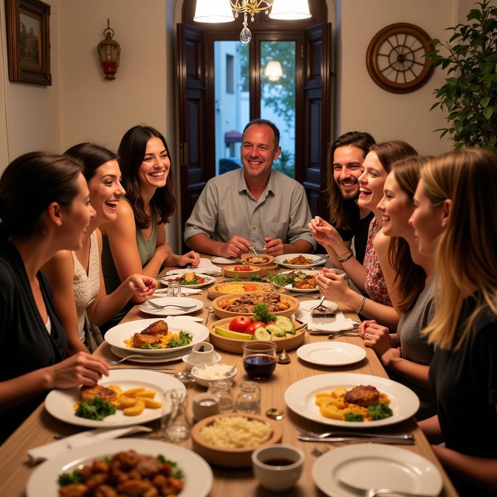 A group of travelers enjoying a traditional Spanish meal with their local host family in a cozy and welcoming homestay.